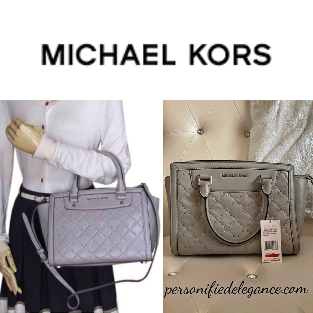 Michael Kors Selma Micro Stud Pearl Gray Satchel Handbag Purse Crossbody